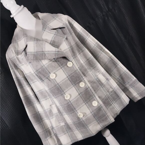 OLD NAVY! GRAY, CREAM & POWDER BLUE PLAID, WOOL BLEND OVERSIZED JACKET! SZ 2X - Picture 1 of 11